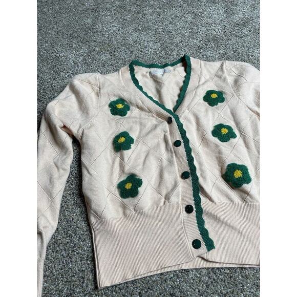 Belle Poque Retro Cream Green Floral Crop Cardigan Sweater Size Medium - Picture 1 of 7